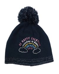 Tmavomodro-stříbrná čepice s duhou z nápisů a obláčky a bambulí