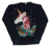Tmavomodrý svetr s jednorožcem s flitry a vánočním motivem Tu
