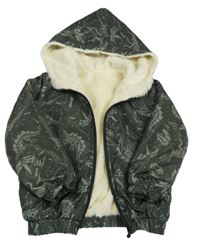 Tmavokhaki šusťáková zateplená bunda s kostrami dinosaurů 