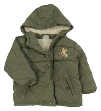 Khaki šusťáková zimní bunda s medvídkem a kapucí