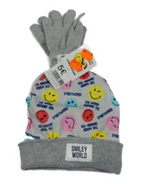 Nové - 2Set - Světlešedáo-šedá čepice se smajlíky a nápisy + prstové rukavice SMILEY WORLD