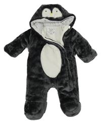 Černo-bílá plyšová zateplená kombinéza s kapucí - tučňáček F&F