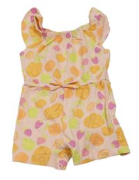 Světlerůžový kraťasový overal s ovocem a jahůdkami a volánky PRIMARK