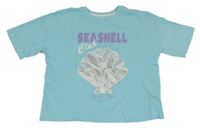 Světlemodré crop tričko s mušlí a nápisy PRIMARK