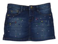 Tmavomodrá riflová sukně s kamínky a barevnými korálky a ošoupaného vzhledu Sfera