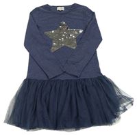 Tmavomodré teplákovo/tylové šaty s hvězdou z flitrů M&S