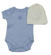 2set - Světlemodré body s hvězdou s nápisem + bílá bavlněná čepice