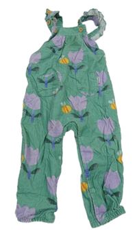 Zelené květované manšestrové laclové kalhoty s volánky