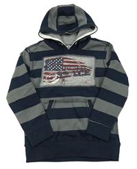 Tmavomodro-tmavošedá pruhovaná mikina s vlajkou a kapucí Topolino