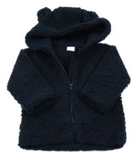 Tmavomodrá huňatá podšitá propínací mikina s kapucí s oušky F&F