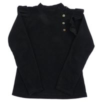 Černé žebrované sametové triko s volánky a knoflíky