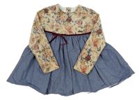 Béžovo-tmavomodré šaty s květy a mašlí