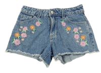 Nové - Modré riflové mid rise kraťasy s výšivkami květin Denim Co.