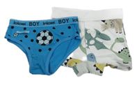 2set - Modré slipy s fotbalovým míčem + světlešedé boxerky s dinosaury