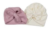 2x turbanová čepice - krémová s mašlí + starorůžová tepláková s mašlí