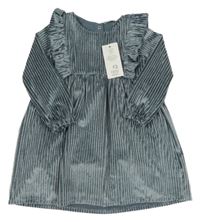 Nové - tmavošedomodré žebrované sametové šaty s volánky F&F