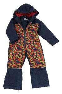Tmavomodro-červená vzorovaná šusťáková zimní kombinéza s kapucí bpc