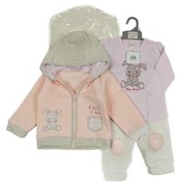 Nové - 3 set - světlerůžová propínací mikina s šedou kapucí + růžové pruhované body + šedé tepláky 