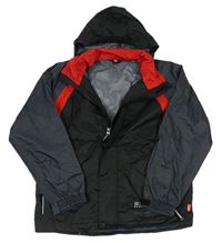 Černo-antracitovo-červená šusťáková podzimní bunda s kapucí