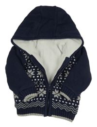 Tmavomodro-šedý propínací zateplený svetr s norským vzorem a kapucí Nutmeg