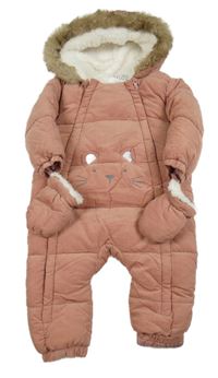 Růžová manšestrová zimní kombinéza s čumákem a kapucí + rukavice F&F
