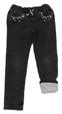 Tmavošedé podšité teplákové skinny rifle s květy C&A