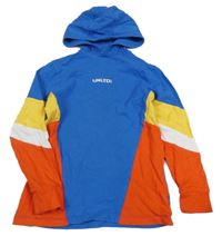 Modro-žluto-bílo-červená mikina s nápisem a kapucí Next