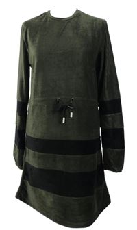 Dámské khaki sametové teplákové žebrované šaty s černými pruhy 