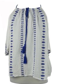 Dámská bílo-modrá vyšívaná halenka s volnými rameny Select 