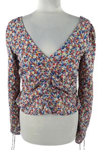 Dámská modro-červeno-žlutá kytičkovaná crop halenka H&M