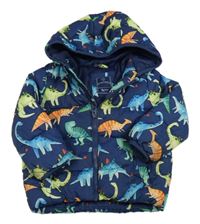 Tmavomodrá šusťáková zimní bunda s dinosaury a kapucí Tu