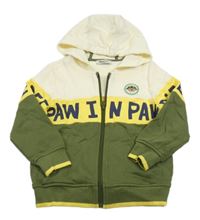 Smetanovo-žluto-khaki propínací mikina s nápisem a kapucí 