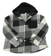 Černo-šedo-bílá kostkovaná košilová bunda s kapucí SHEIN