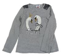Bílo-černé pruhované triko s labutěmi Topolino
