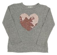 Šedé melírované úpletové triko se srdíčkem z flitrů Primark