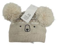 Nové - Béžová pletená čepice s čumákem bambulemi - koala F&F