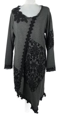 Dámské šedé asymetrické šaty s madeirou a sametovým potiskem Tredy