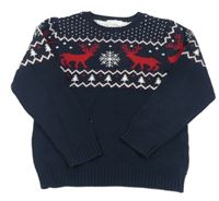 Tmavomodro-bílý svetr se vzorem a jeleny zn. H&M