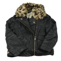 Černá koženková bunda s kožešinovým odepínacím límcem River Island