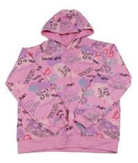 Růžovo-fialová mikina s nápisy a kapucí 