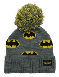 Šedá pletená čepice s Batmanem a bambulí 