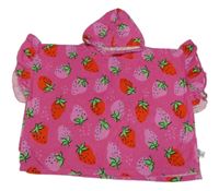 Tmavorůžové froté osuškové pončo s jahodami a kapucí Matalan