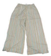 Bílo-lososovo-zelenkavé pruhované lehké kalhoty 