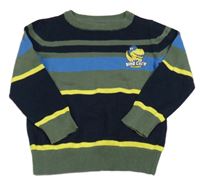 Khaki-tmavomodro-žlutý pruhovaný svetr s dinem 