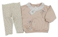 Nové - 2set - Pudrová oversize mikina s vílami + béžové žebrované legíny s kytičkami F&F