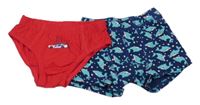 2set - červené slipy s autem + tmavomodré boxerky sed žraloky