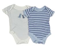 2x - Modro-tmavomodré pruhované + bílo-modré pruhované body s dinosaury