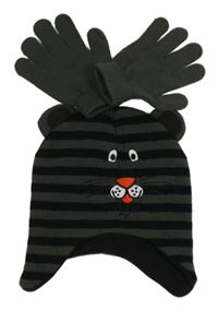 Nové - 2set - Khaki-černá pruhvoaná čepice + rukavice X-mail