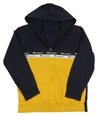 Tmavomodro-žlutá mikina s logy a kapucí 