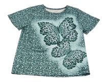 Zeleno-černé vzorované crop tričko s motýly 